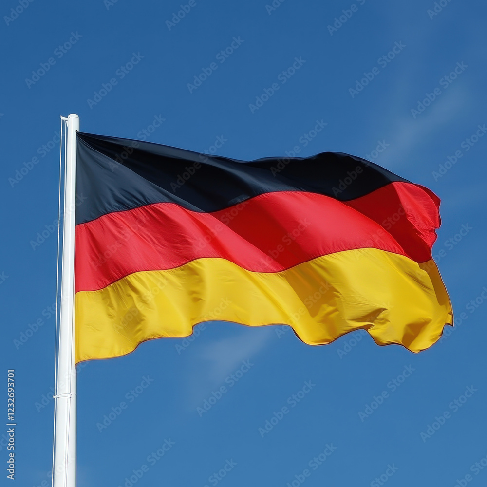 German flag waving in the wind against a clear blue sky. The flag consists of three horizontal stripes in black, red, and gold, mounted on a white flagpole German flag waving in the wind against a clear blue sky. The flag consists of three horizontal stripes in black, red, and gold, mounted on a white flagpole