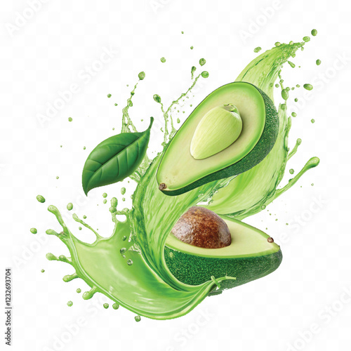 abstract 3d green fruit avocado with juicy splash isolated on white background