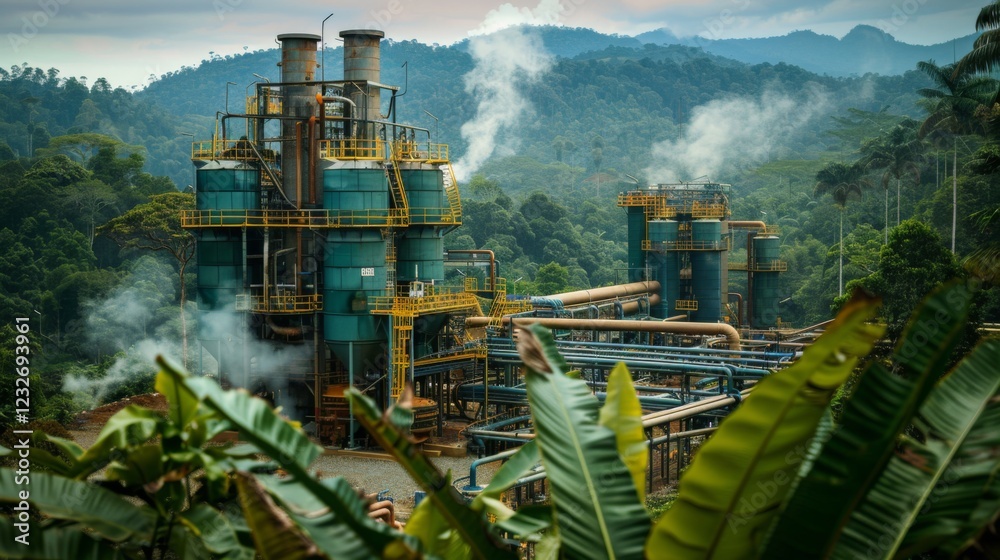 Fototapeta premium A large industrial processing facility stands amid dense green mountains, with smoke billowing from tall chimneys against a backdrop of overcast skies and tropical foliage.