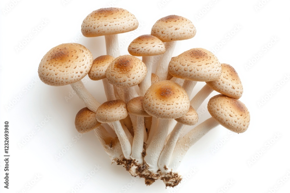 Shimeji mushroom cluster with small brown caps on white background, isolated food photography, culinary concept Shimeji mushroom cluster with small brown caps on white background, isolated food photography, culinary concept