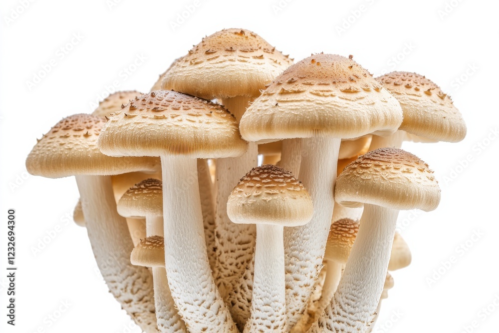 Shimeji mushroom cluster with small brown caps on white background, isolated food photography, minimalistic style, earthy tones, culinary concept Shimeji mushroom cluster with small brown caps on white background, isolated food photography, minimalistic style, earthy tones, culinary concept