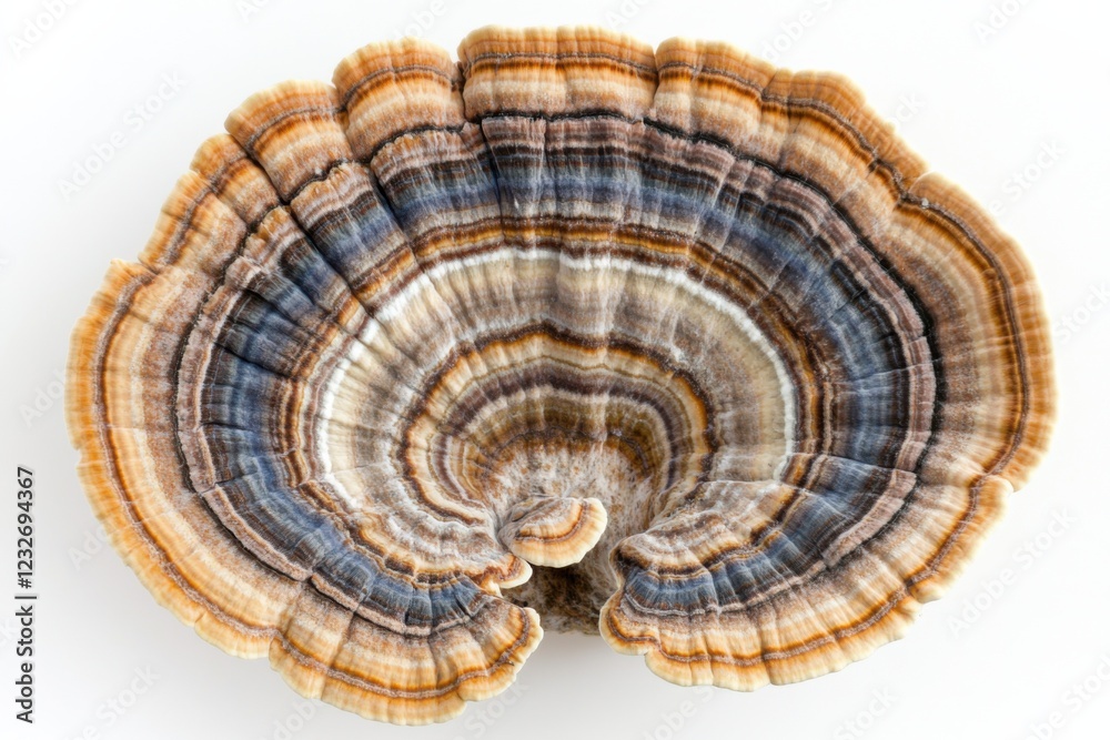 Turkey Tail mushroom with concentric bands of brown, white and blue, isolated on white, medicinal fungi concept Turkey Tail mushroom with concentric bands of brown, white and blue, isolated on white, medicinal fungi concept