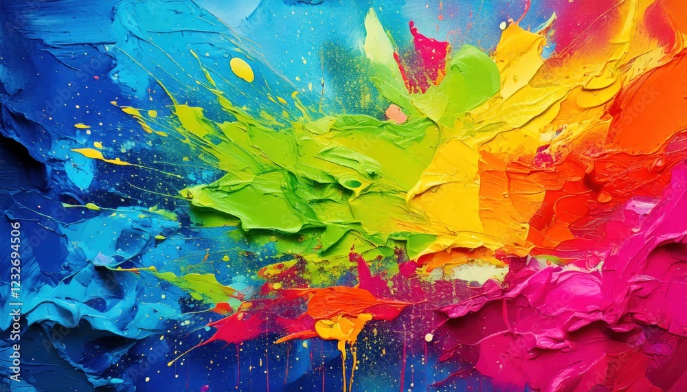 A bold and energetic abstract artwork filled with an explosion of vivid paint splashes in shades of blue, yellow, green, pink, and red, creating a textured masterpiece. A bold and energetic abstract artwork filled with an explosion of vivid paint splashes in shades of blue, yellow, green, pink, and red, creating a textured masterpiece.