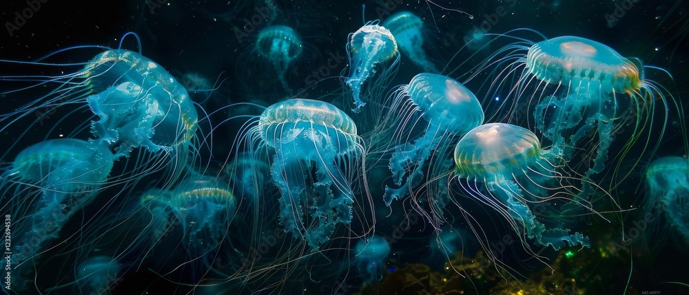Obraz premium Enchanting Bioluminescent Marine Life in the Depths of the Ocean