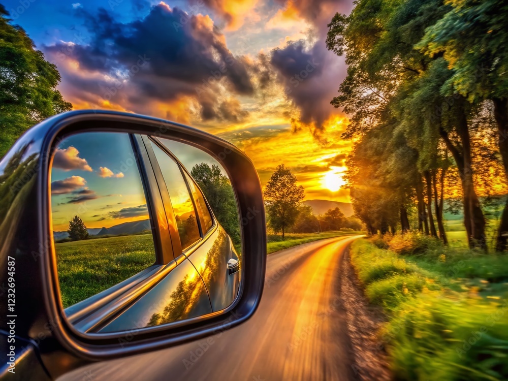 Sunset Road Trip: Car Mirror Reflection, Asphalt Road, Green Trees Sunset Road Trip: Car Mirror Reflection, Asphalt Road, Green Trees