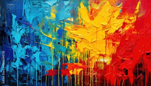 A vivid abstract painting with thick, textured strokes of blue, yellow, and red paint, creating a dynamic dripping effect.