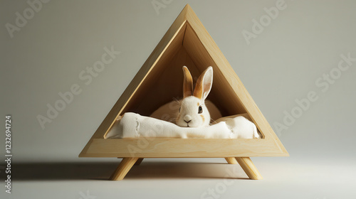 A uniquely designed, enclosed pet retreat with a triangular structure, wooden legs photo