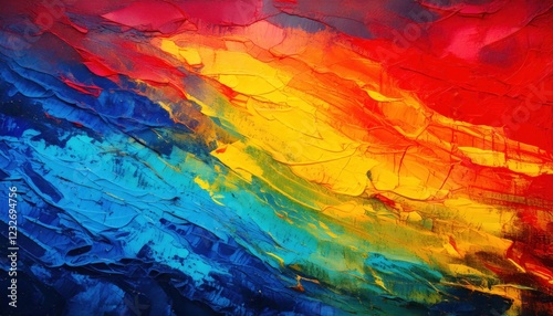 A powerful abstract piece with rich, textured layers of blue, yellow, red, and orange, creating a sense of energy and depth.