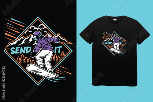 Monochrome illustrations of snowboarders and skiers enjoying winter holidays in a mountain ski resort, perfect for t shirt designs or any winter sports promotion.