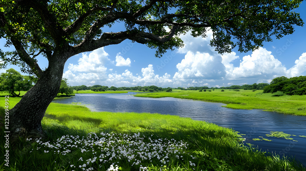 Serene river landscape, sunny day, lush greenery Serene river landscape, sunny day, lush greenery