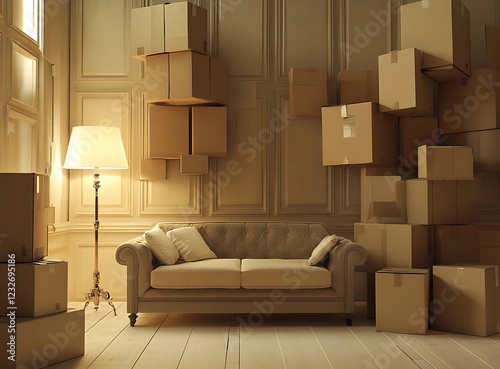 Cardboard boxes in a room, moving to a new apartment concept