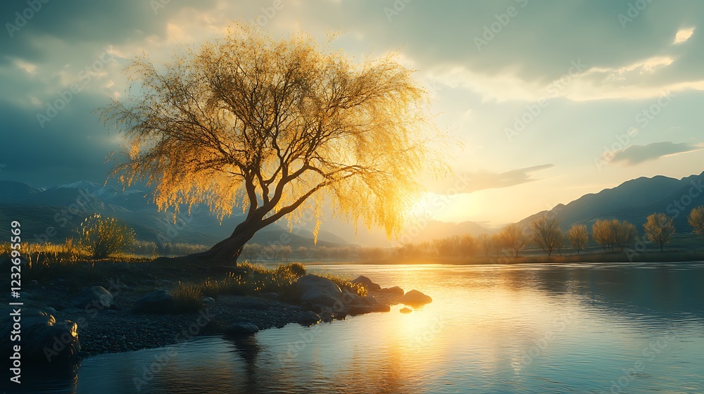 Serene sunset over a tranquil river with a willow tree. Serene sunset over a tranquil river with a willow tree.
