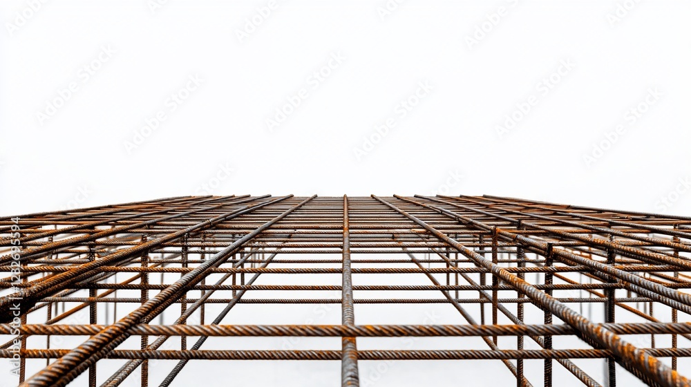 Fototapeta premium Rusty rebar grid, construction site, low angle, white background, architectural design