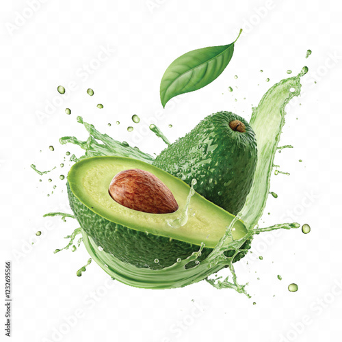 abstract 3d green fruit avocado with juicy splash isolated on white background