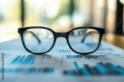 Glasses resting on financial reports with blue charts during a workday