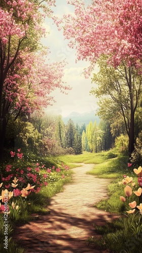 Pathway through a vibrant spring landscape with blooming trees and flowers in a serene setting