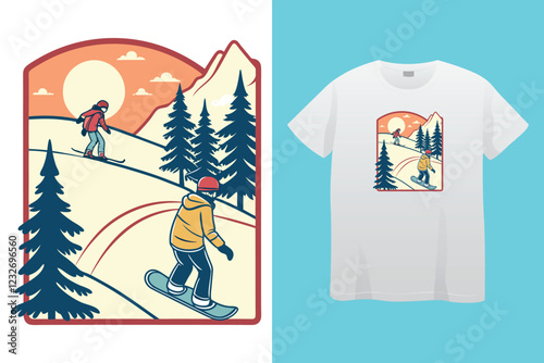Monochrome illustrations of snowboarders and skiers enjoying winter holidays in a mountain ski resort, perfect for t shirt designs or any winter sports promotion.