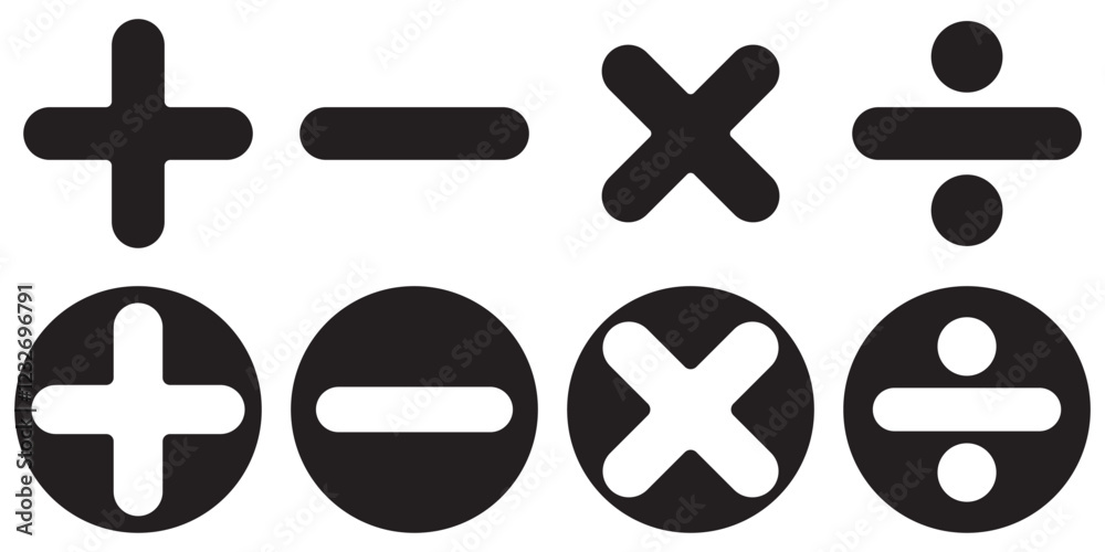 basic mathematics symbols collection plus minus equal divide multiply icon set. Basic mathematical symbol. Plus and minus icon set. Math symbol. Multiply icon. Equals symbol, division symbol, basic mathematics symbols collection plus minus equal divide multiply icon set. Basic mathematical symbol. Plus and minus icon set. Math symbol. Multiply icon. Equals symbol, division symbol,