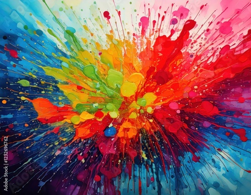A dynamic abstract painting featuring a vibrant explosion of multicolored paint splashes in red, yellow, blue, and green, creating a bold artistic effect.