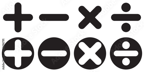 basic mathematics symbols collection plus minus equal divide multiply icon set. Basic mathematical symbol. Plus and minus icon set. Math symbol. Multiply icon. Equals symbol, division symbol, 