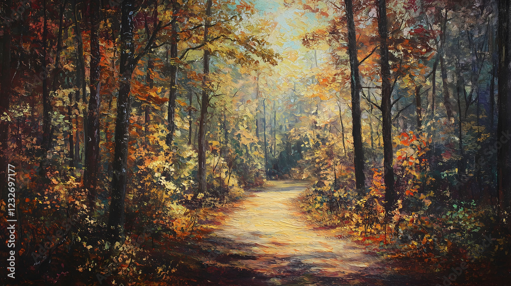 Obraz premium Serene Forest Path Lined With Colorful Trees in Autumn's Gentle Embrace. Generative AI