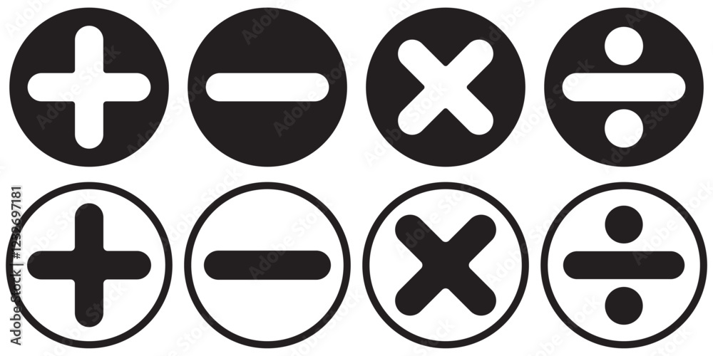 Obraz premium Math symbols icon set. Basic mathematical symbol. Plus and minus icon set. Multiply icon. Equals symbol, division symbol, Calculator button, business finance concept in vector,basic mathematics symbol