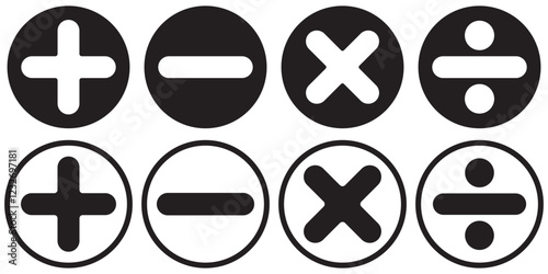 Math symbols icon set. Basic mathematical symbol. Plus and minus icon set. Multiply icon. Equals symbol, division symbol, Calculator button, business finance concept in vector,basic mathematics symbol