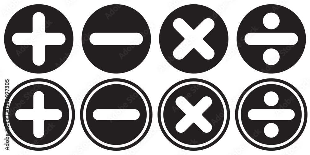 Fototapeta premium Math symbols icon set. Basic mathematical symbol. Plus and minus icon set. Multiply icon. Equals symbol, division symbol, Calculator button, business finance concept in vector,basic mathematics symbol