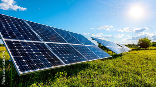A sunny landscape showcasing solar panels gleaming under bright blue skies, surrounded by lush green fields