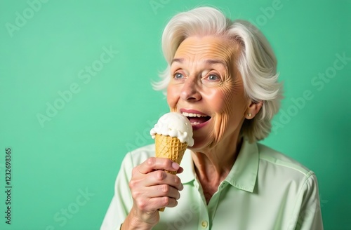 Old senior charming lady in pastel color clothes eat an ice cream on cone. Funny melting scene with food an older aged woman. The background is mint green, copy space