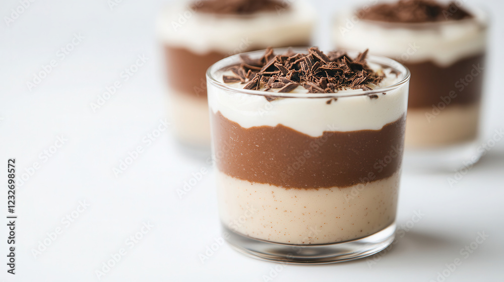 Delicious layered grid pudding with chocolate and vanilla in glass cups against a white background showcasing attractive textures Delicious layered grid pudding with chocolate and vanilla in glass cups against a white background showcasing attractive textures