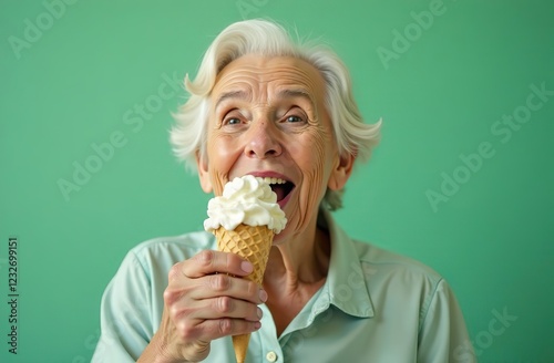 Old senior charming lady in pastel color clothes eat an ice cream on cone. Funny melting scene with food an older aged woman. The background is mint green, copy space