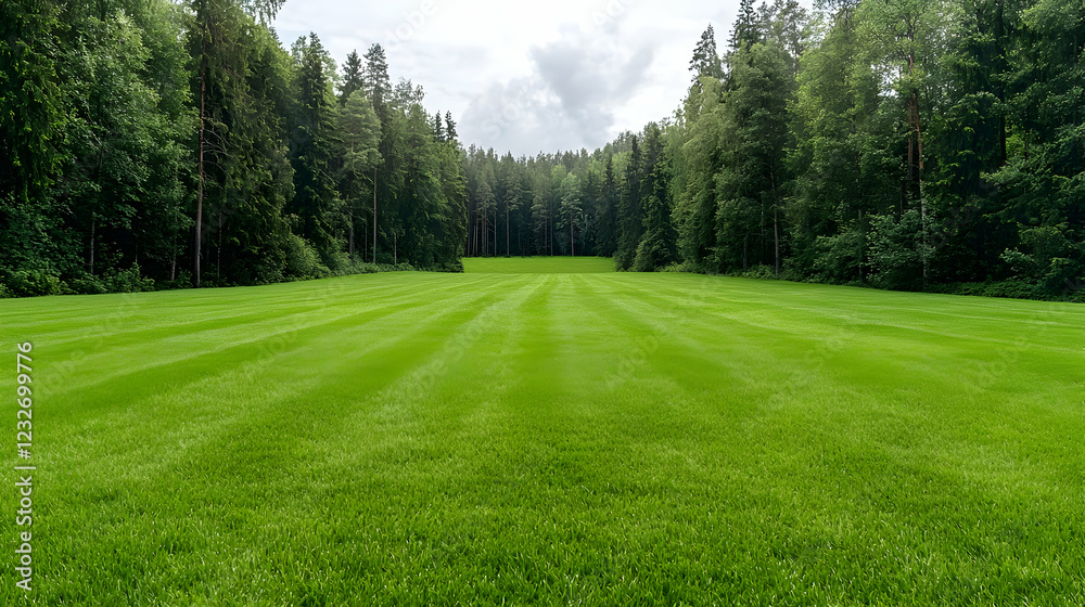 Lush green lawn, park, trees, overcast sky, nature scene, landscape design Lush green lawn, park, trees, overcast sky, nature scene, landscape design