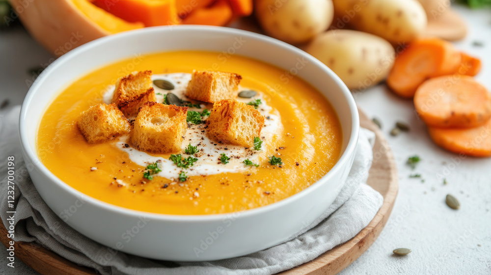 Warm pumpkin cream soup with toasted bread and pumpkin seeds displayed on a rustic table with fresh vegetables Warm pumpkin cream soup with toasted bread and pumpkin seeds displayed on a rustic table with fresh vegetables