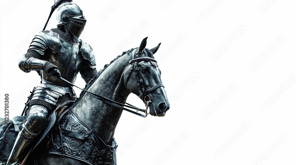 Medieval knight statue horseback, white background, outdoor display, history Medieval knight statue horseback, white background, outdoor display, history
