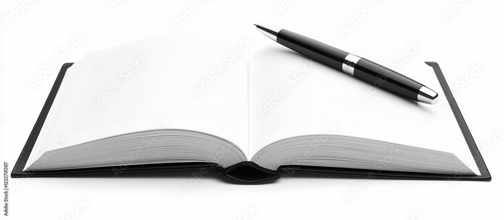 Open book, pen, white background, ready for writing, education Open book, pen, white background, ready for writing, education