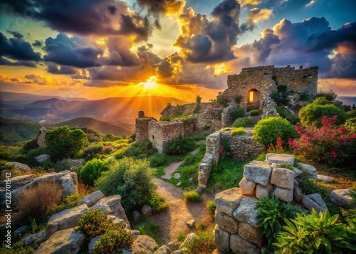 Surreal Ruins: Migdal Tzedek Fortress, Rosh HaAyin, Israel - Ethereal Sunset Landscape photo