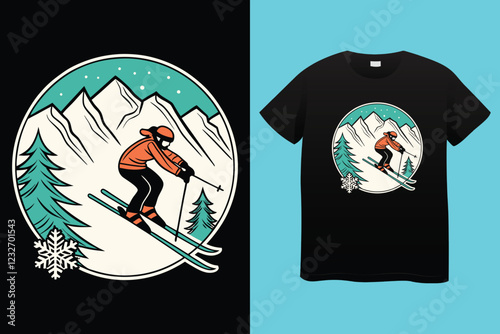 snow winter sports t shirt design. Set of Winter sport athlete silhouettes. Ski jumping, downhill, slalom, skiing emblems. Print design for t-shirt. Sport club emblems.