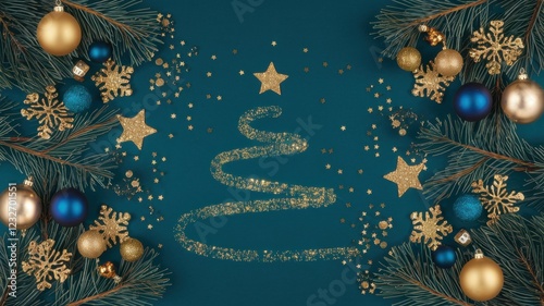 A Christmas-themed background image. On the sides are pine branches decorated with stars and balls and snowflakes. There is a sequined Christmas tree between the borders. photo