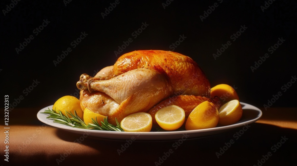 roasted chicken with lemons and rosemary on a platter roasted chicken with lemons and rosemary on a platter