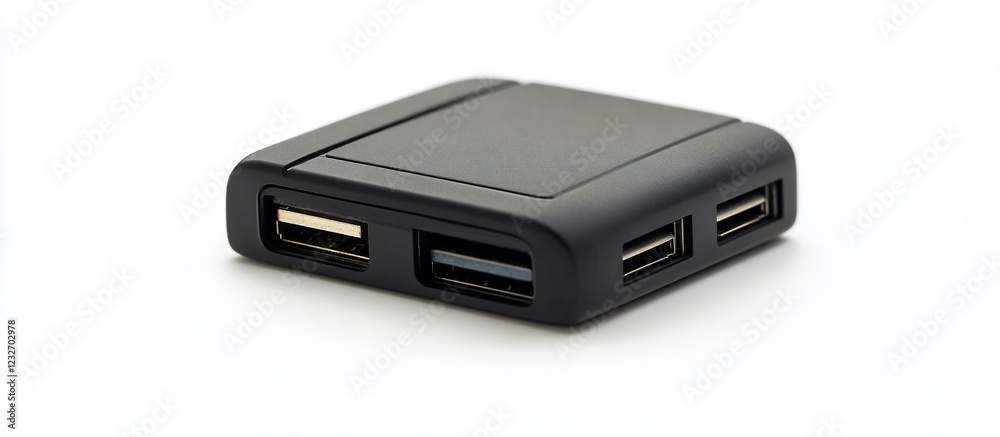 Black USB hub, four ports, white background, data transfer