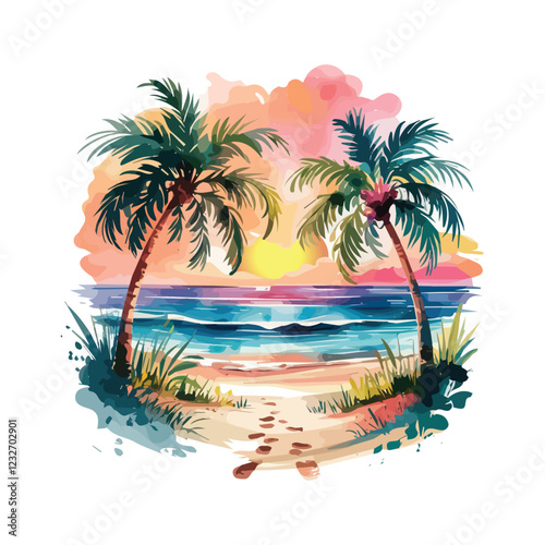 Holiday summer travel vacation illustration - Watercolor painting of palm tree beach with ocean sea, sunset or sunrise, design for logo or t shirt, isolated on white background