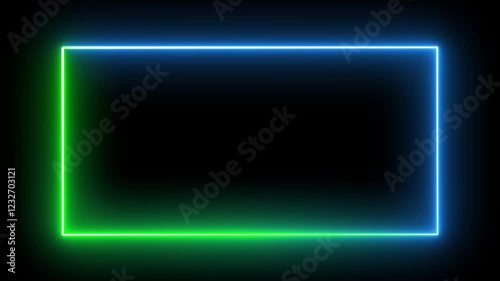 Neon lights rectangle motion loop animation. 4K neon glow soft blue green color Led tv frame motion glowing background