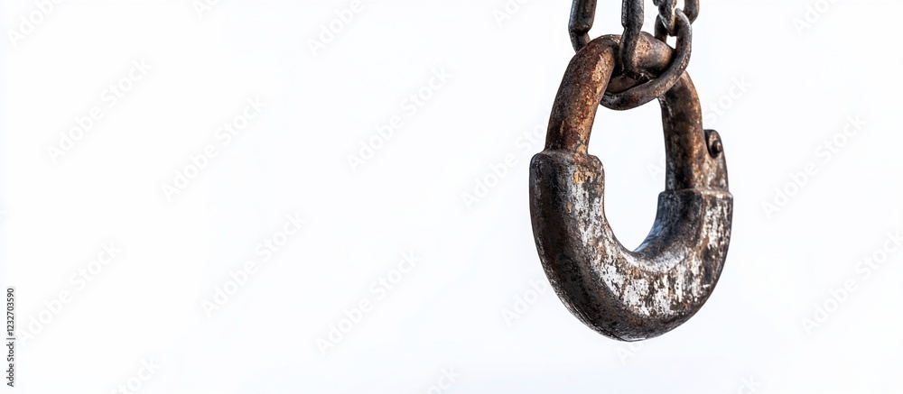 Obraz premium Rusty chain link hanging, white background, industrial safety