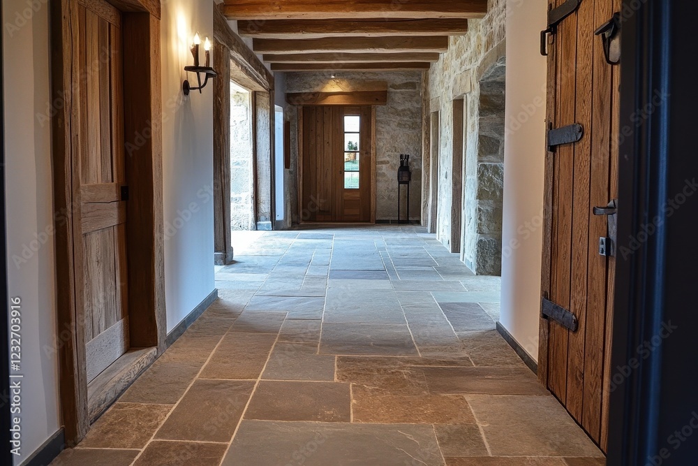 Rustic Interior Hallway with Stone Tile Flooring and Wooden Doors . A hallway featuring stone flooring and wooden doors, creating a rustic and inviting atmosphere. Rustic Interior Hallway with Stone Tile Flooring and Wooden Doors . A hallway featuring stone flooring and wooden doors, creating a rustic and inviting atmosphere.