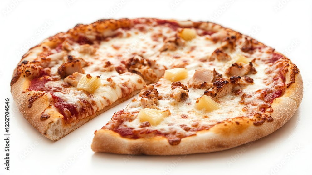 Stylized pizza slice with chicken and pineapple featuring gooey cheese on a cheerful white background.Menu to Valentine's Day, a dish for a loved one Stylized pizza slice with chicken and pineapple featuring gooey cheese on a cheerful white background.Menu to Valentine's Day, a dish for a loved one