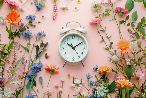 White alarm clock with pink and white flowers on a vibrant pink background, giving a spring and renewal vibe