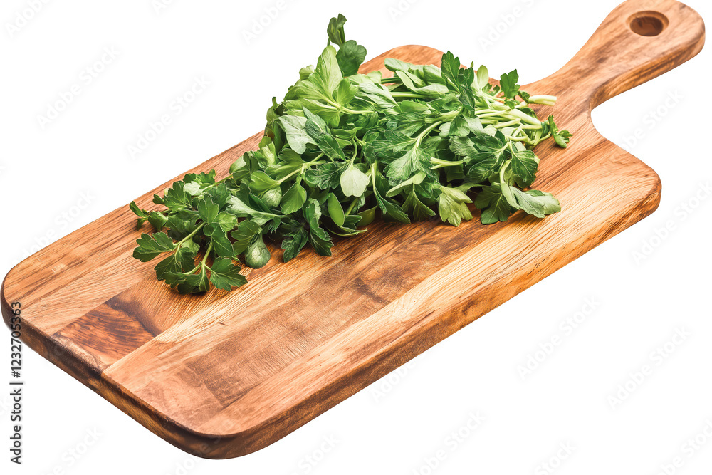 A wooden cutting board with fresh herbs on a transparent background. A wooden cutting board with fresh herbs on a transparent background.