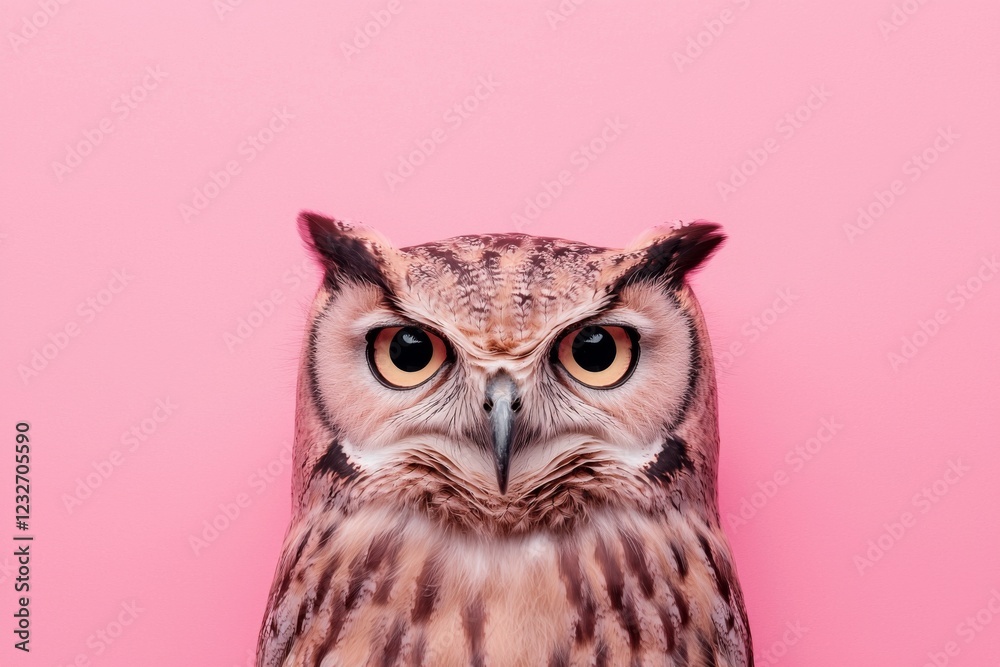 Naklejka premium A striking owl with large, expressive eyes against a vibrant pink background.