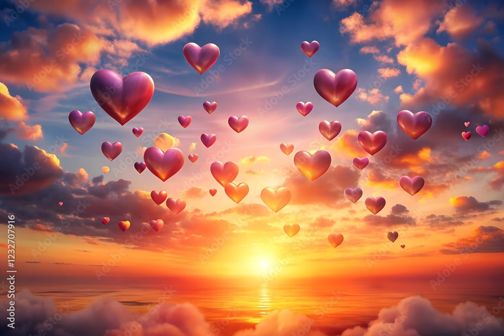 Fototapeta premium Valentine's background with a dreamy sunset and floating hearts, creating a tranquil and romantic atmosphere for lovers.